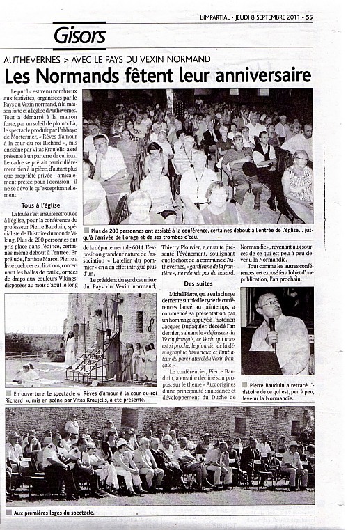 Gisors L' Impartial Jeudi 8 septembre 2011 AUTHEVERNES  > AVEC LE PAYS DU VEXIN NORMAND Les Normands ftent leur anniversaire.